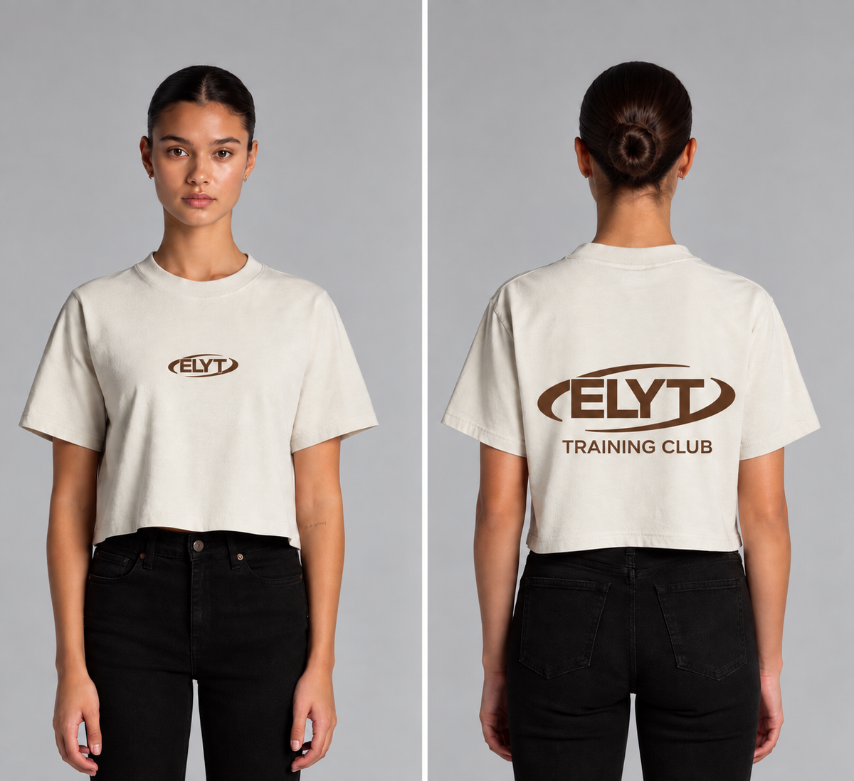 ELYT Training Club Crop Tee - Washed White / Chocolate Brown (THIS IS A PREORDER)