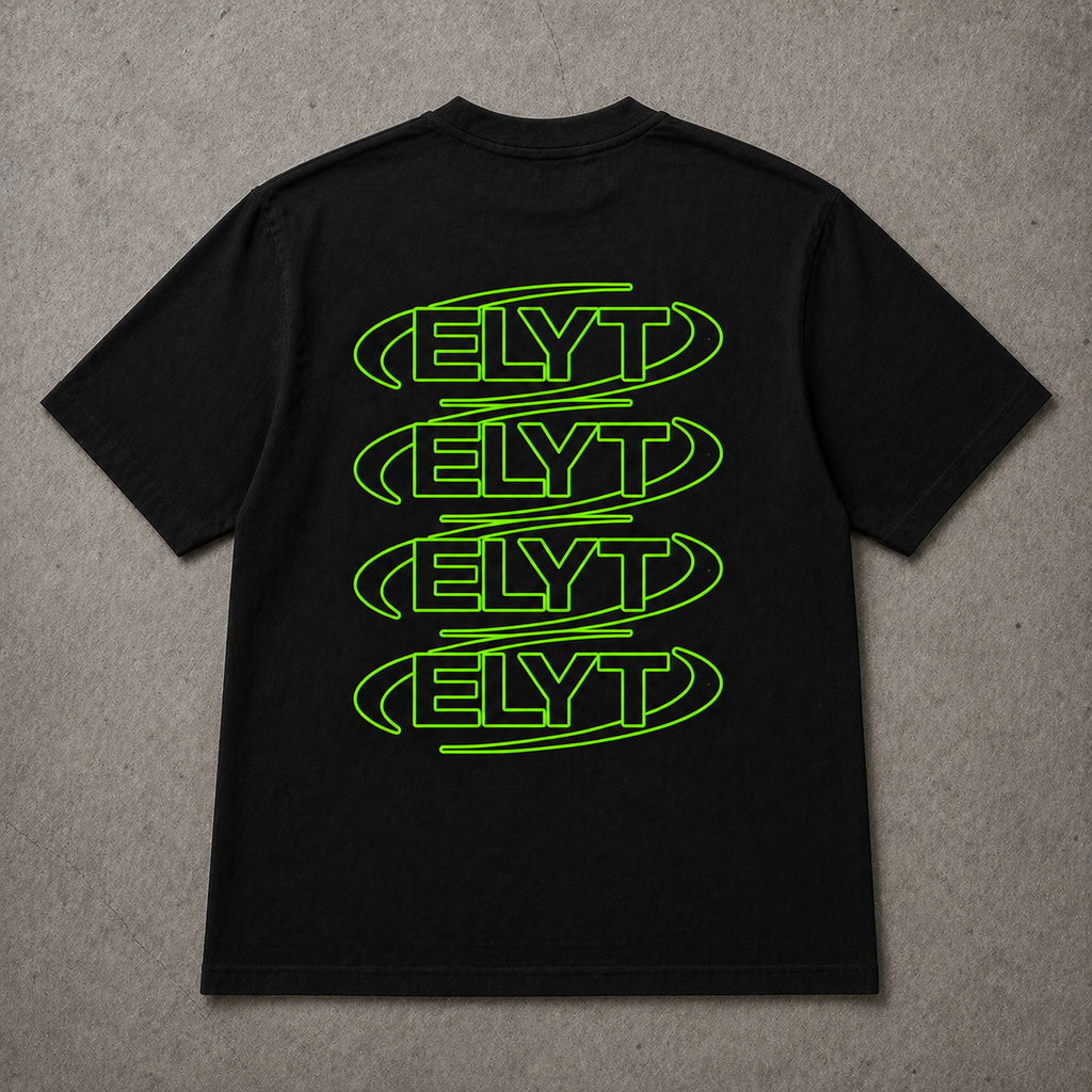 Black t-shirt with green 'ELYT' logo on a gray surface