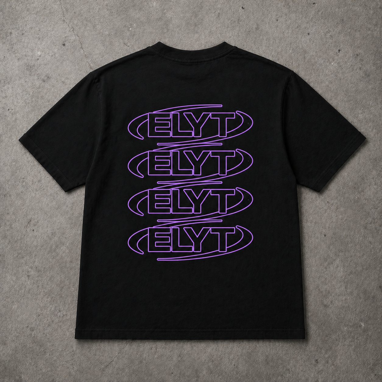 Black t-shirt with purple 'ELYT' logo on a concrete surface